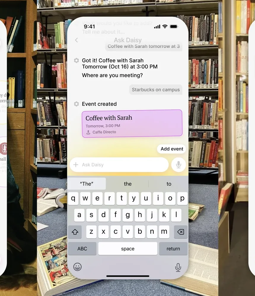 Daisy — case: three screens in the library — the day as bubbles, adding coffee with Sarah, a room change