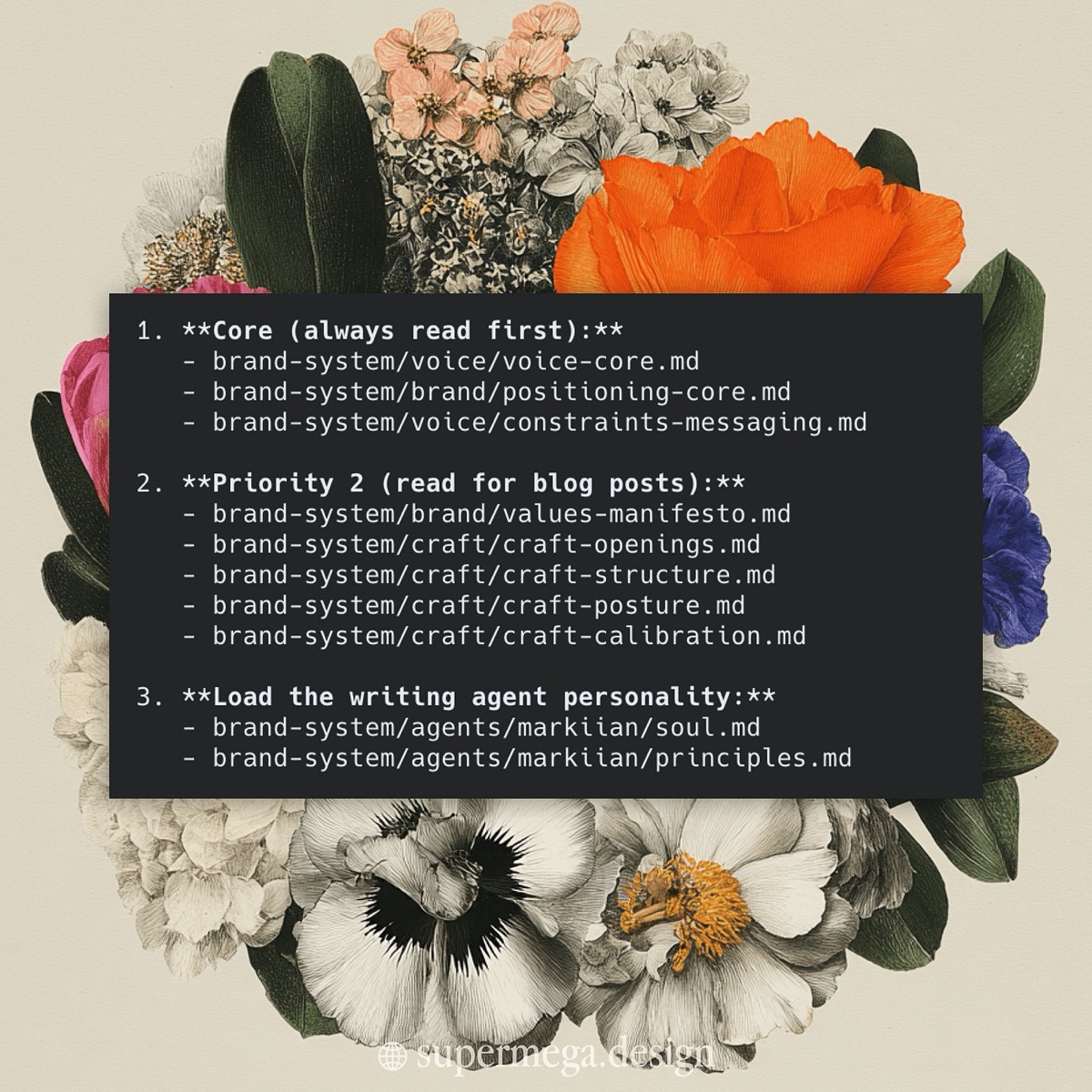 CLAUDE.md: Core (always read first) — voice-core, positioning-core, constraints-messaging; Priority 2 for blog posts; the writing agent personality