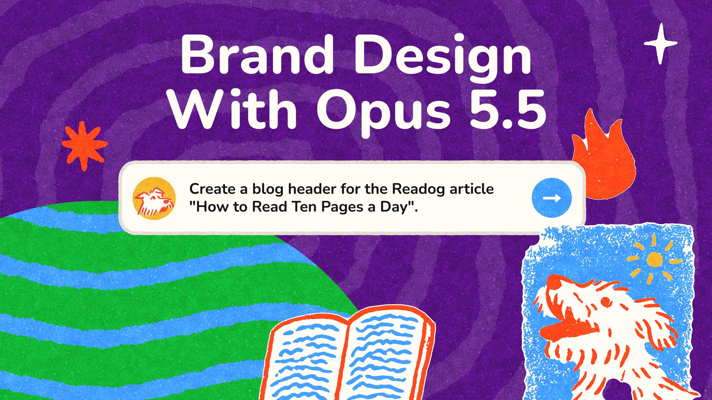 Brand Design With Opus 5.5: a riso-style Readog scene with the dog, an open book and a prompt asking for a blog header