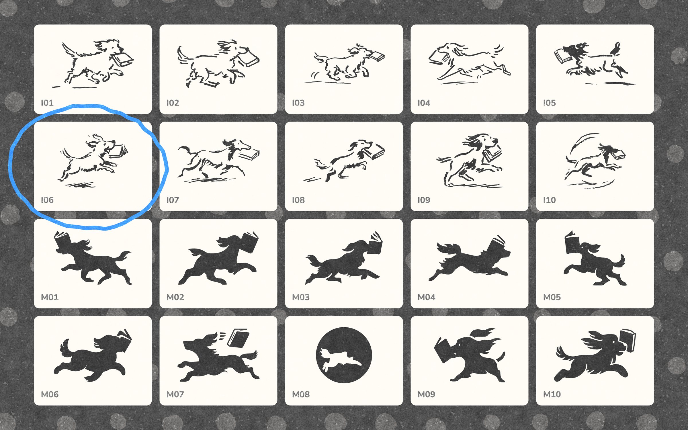 A contact sheet of Readog logo iterations: the leaping dog drawn in line and in solid, with one version circled