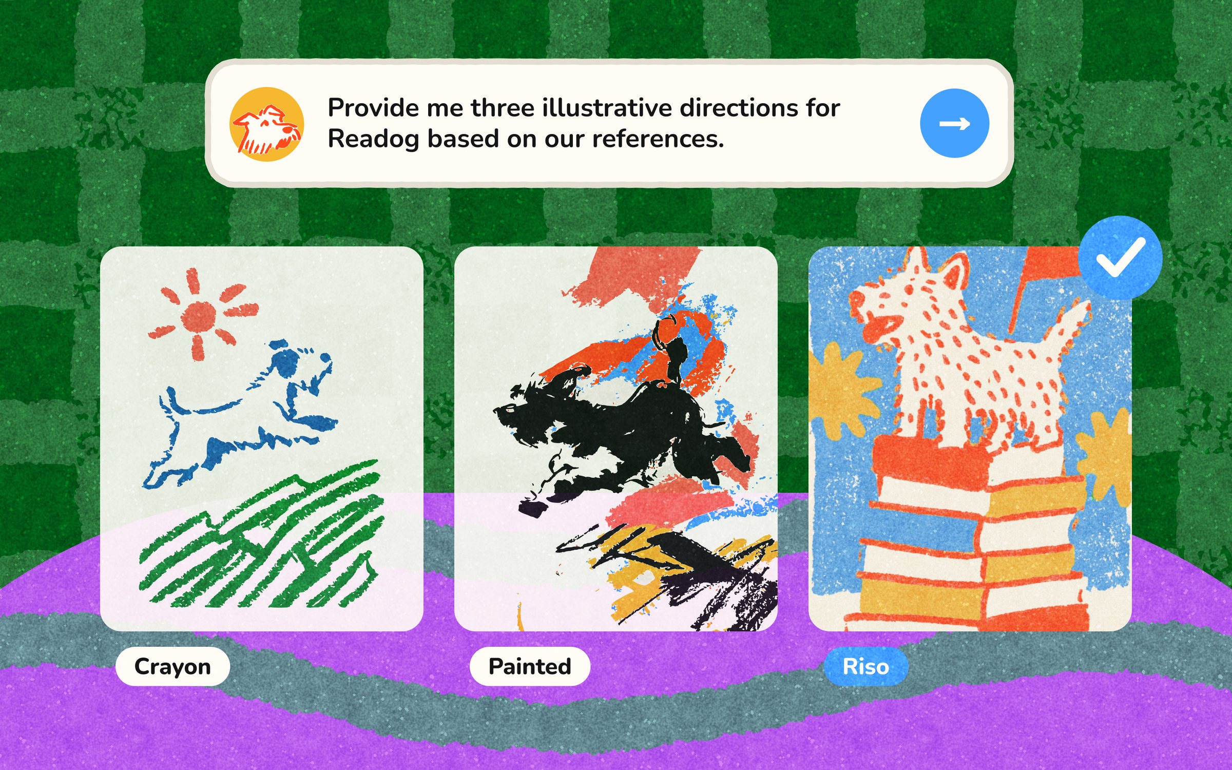 Three illustrative directions for Readog side by side, Crayon, Painted and Riso, with Riso ticked as the chosen one