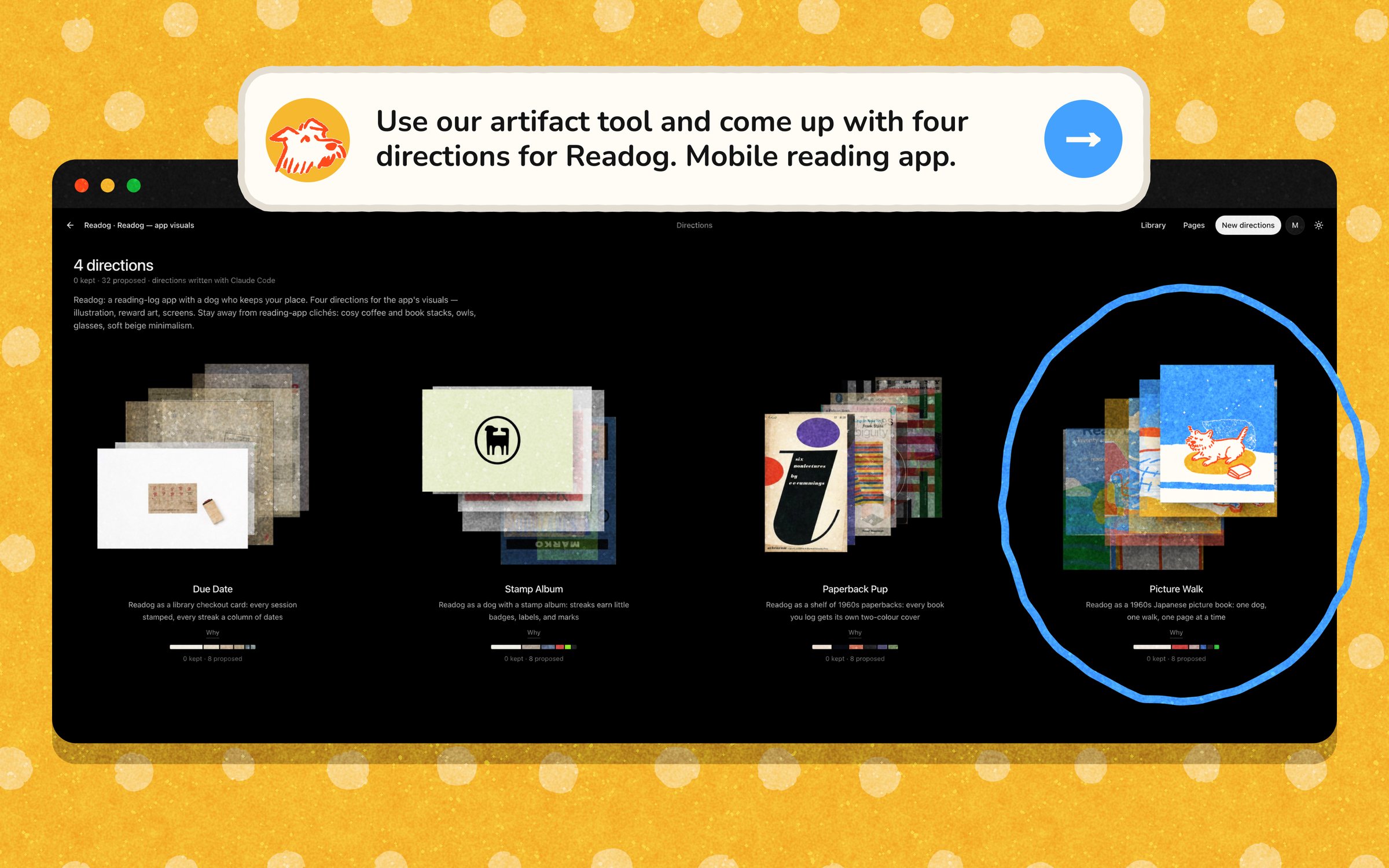 Our reference tool in Artifact showing four directions for Readog, the picture-book one circled