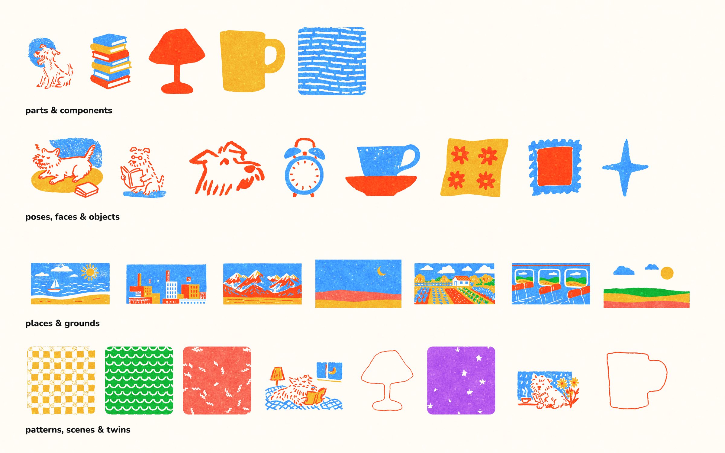 The Readog shelf: parts and components, poses, faces and objects, places and grounds, patterns, scenes and twins