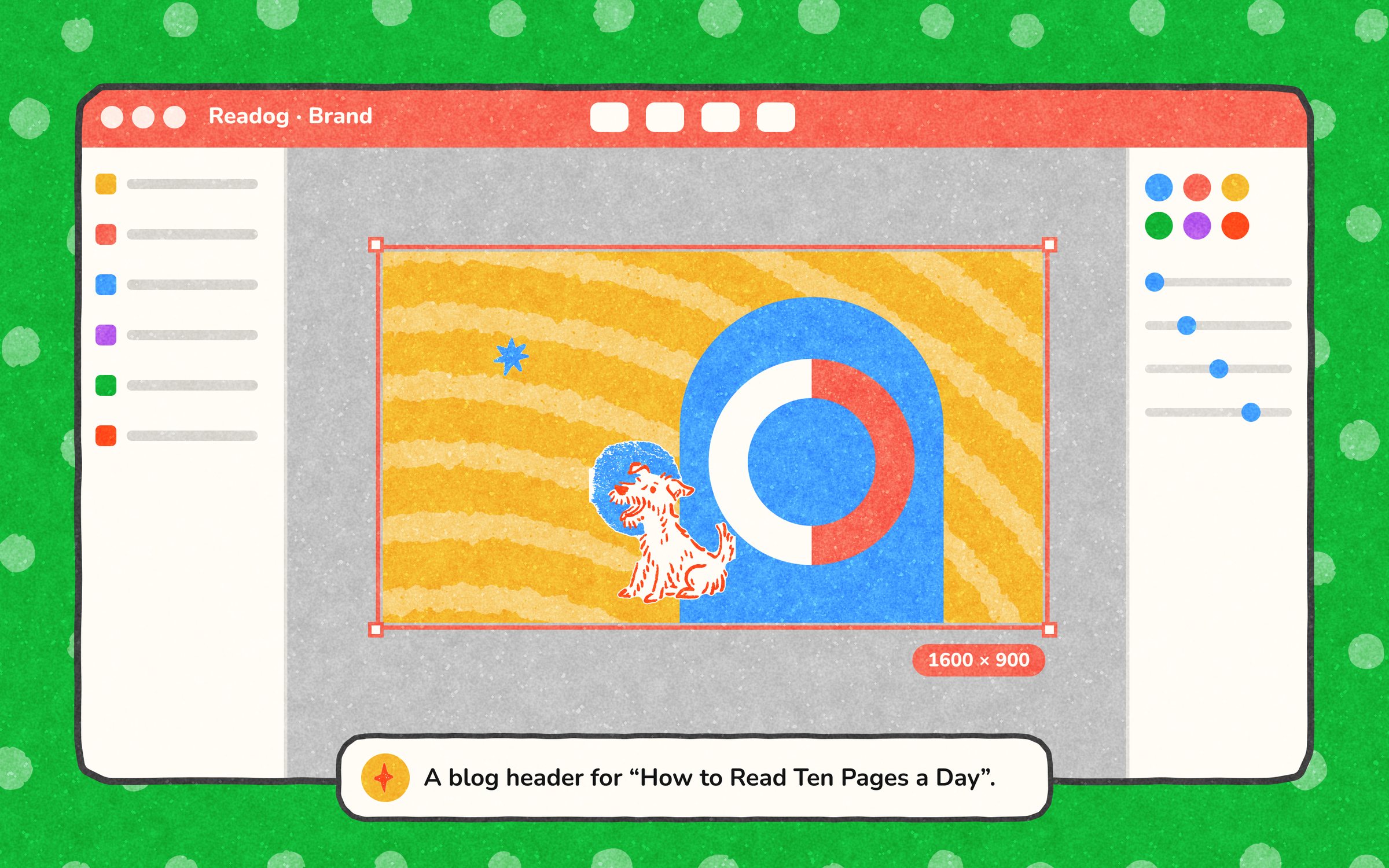 A Readog blog header for How to Read Ten Pages a Day being built in a tool window: the dog by a half-filled timer ring