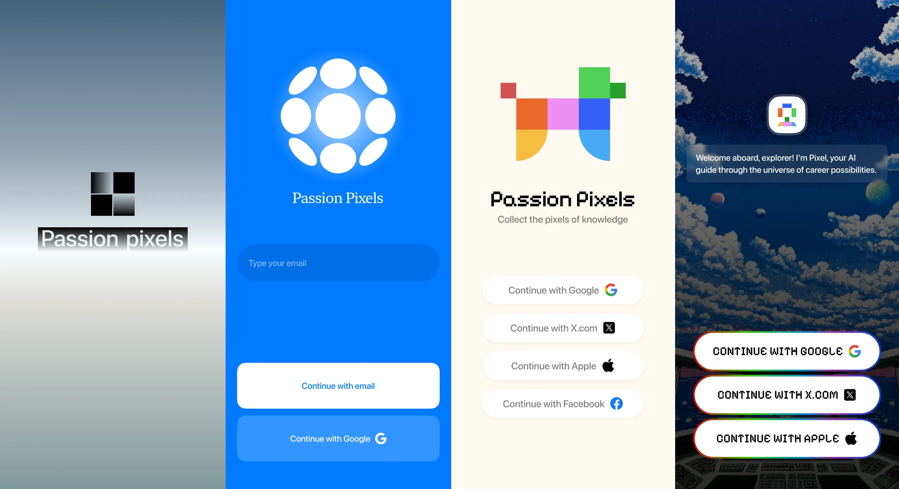 Login screen explorations for Passion Pixels AI. Designed by Supermega Design.