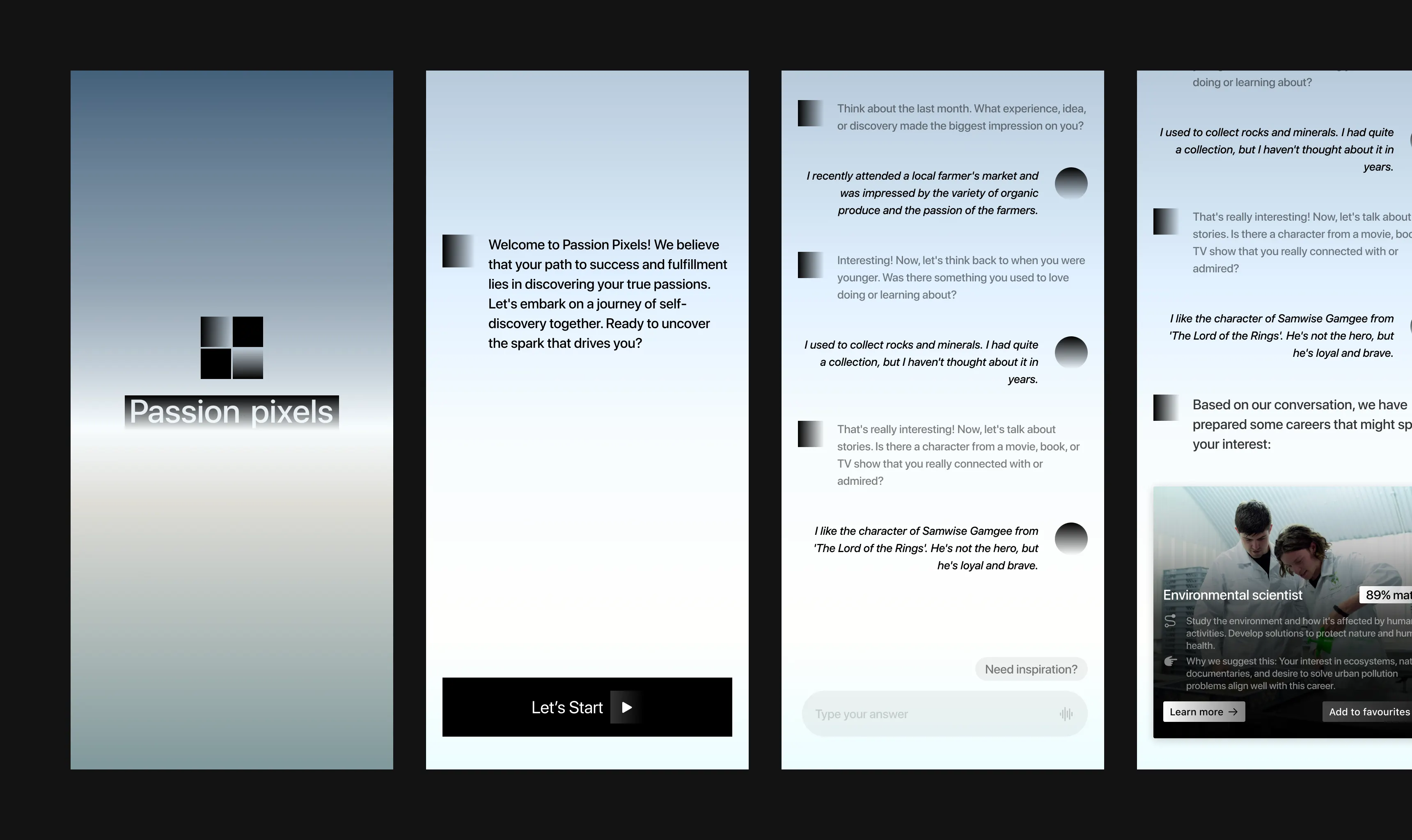 Concept 1, Minimal and Experimental: login screen explorations for Passion Pixels AI with clean interfaces and neutral colors
