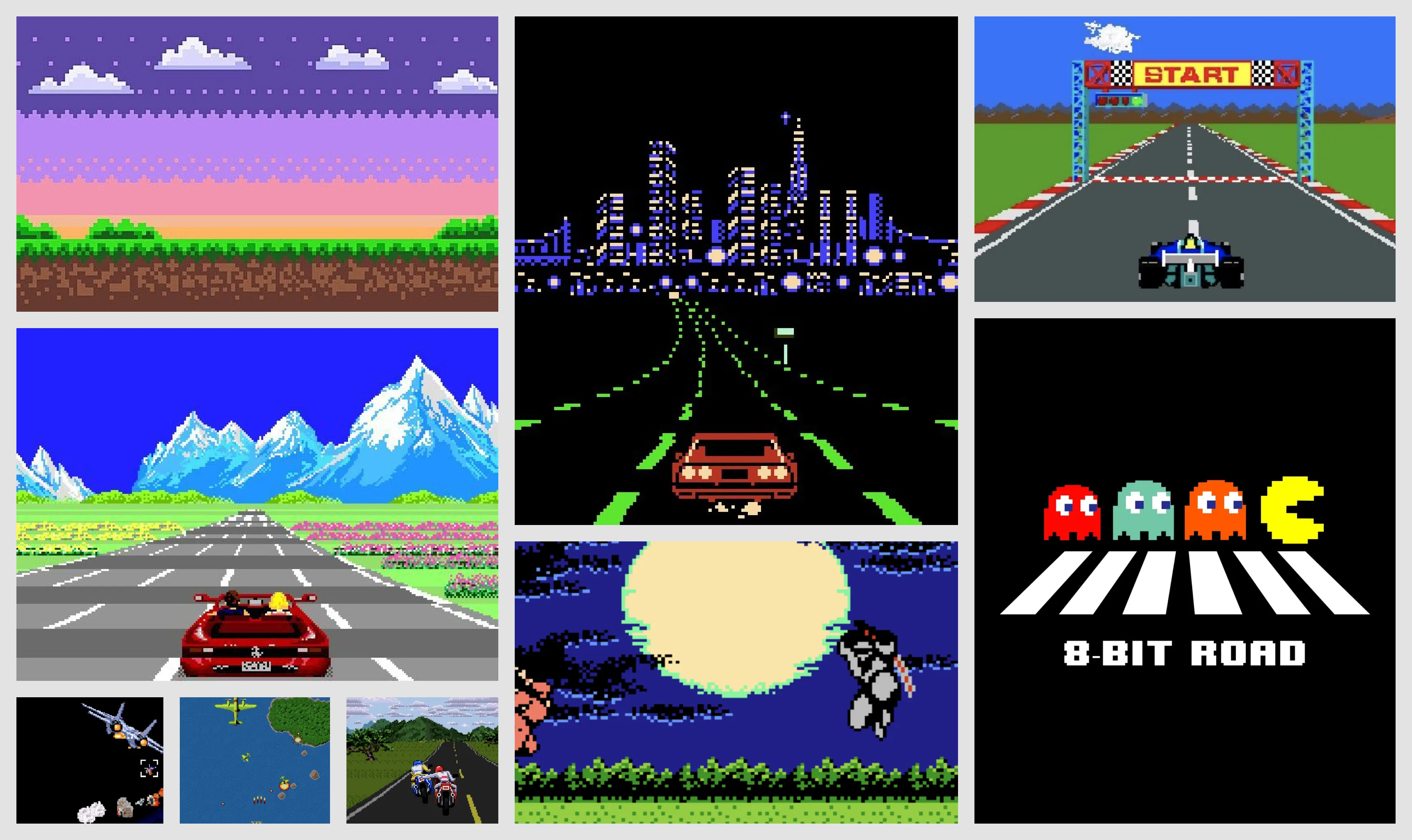 Visual direction explorations for Passion Pixels AI: a moodboard of 8-bit game scenes — pixel skies, night-city roads, an arcade start line, and Pac-Man ghosts on an 8-bit road