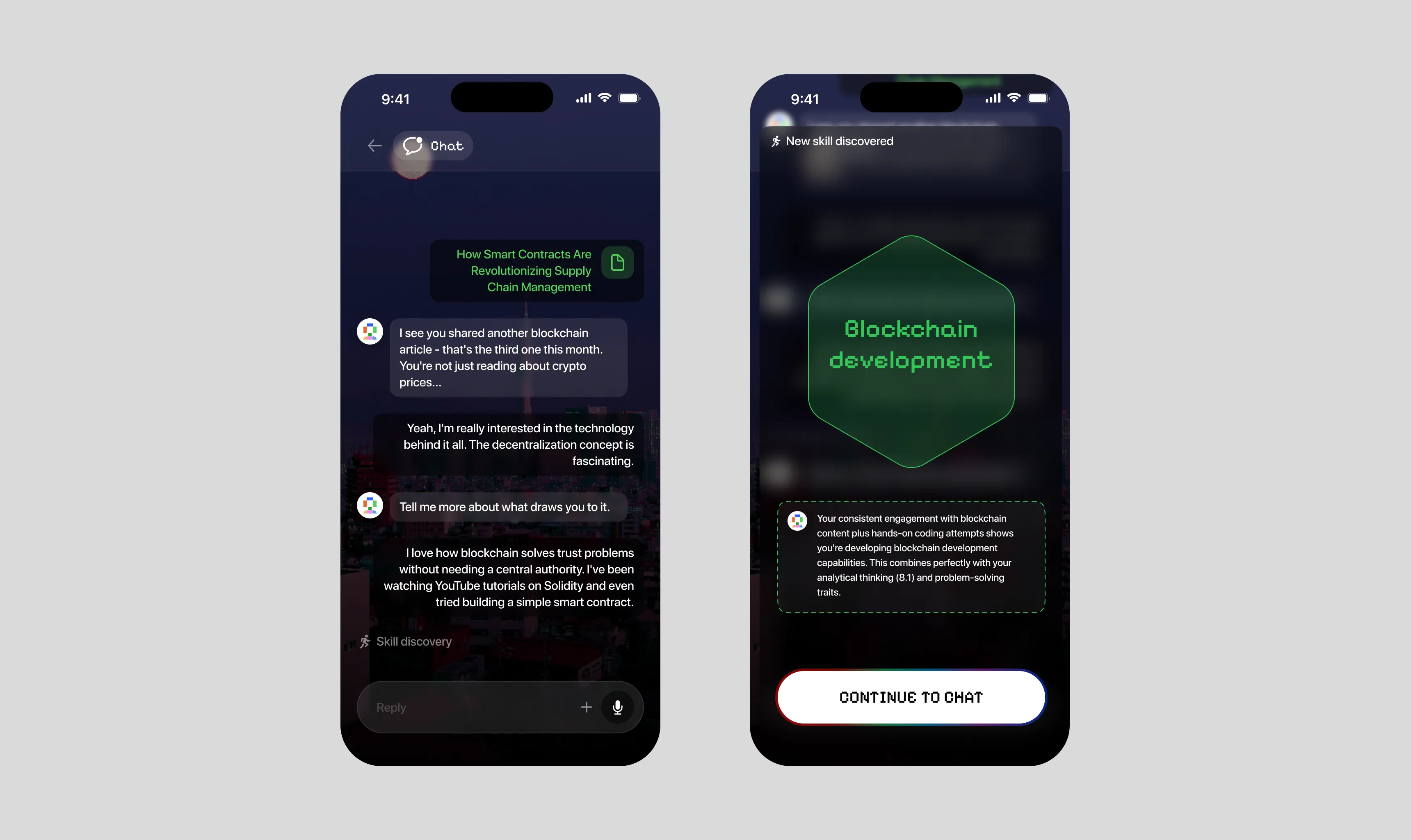 Conversational discovery: two Passion Pixels AI mobile screens — a chat with Pixel about blockchain, and a 'New skill discovered' card for Blockchain development