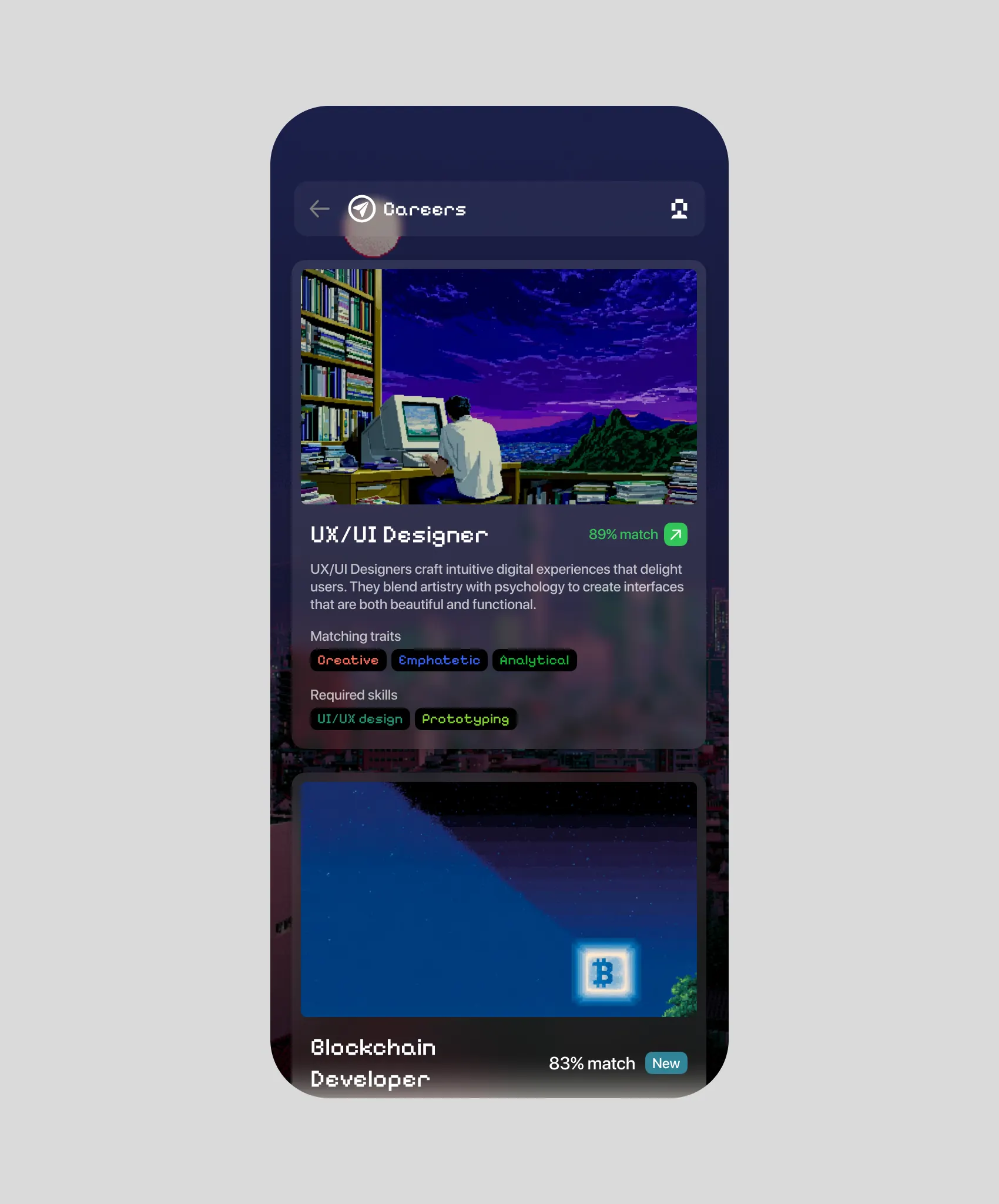 Career pathways: a Passion Pixels AI Careers screen with a UX/UI Designer card at 89% match, matching traits, required skills, and a Blockchain Developer card at 83%