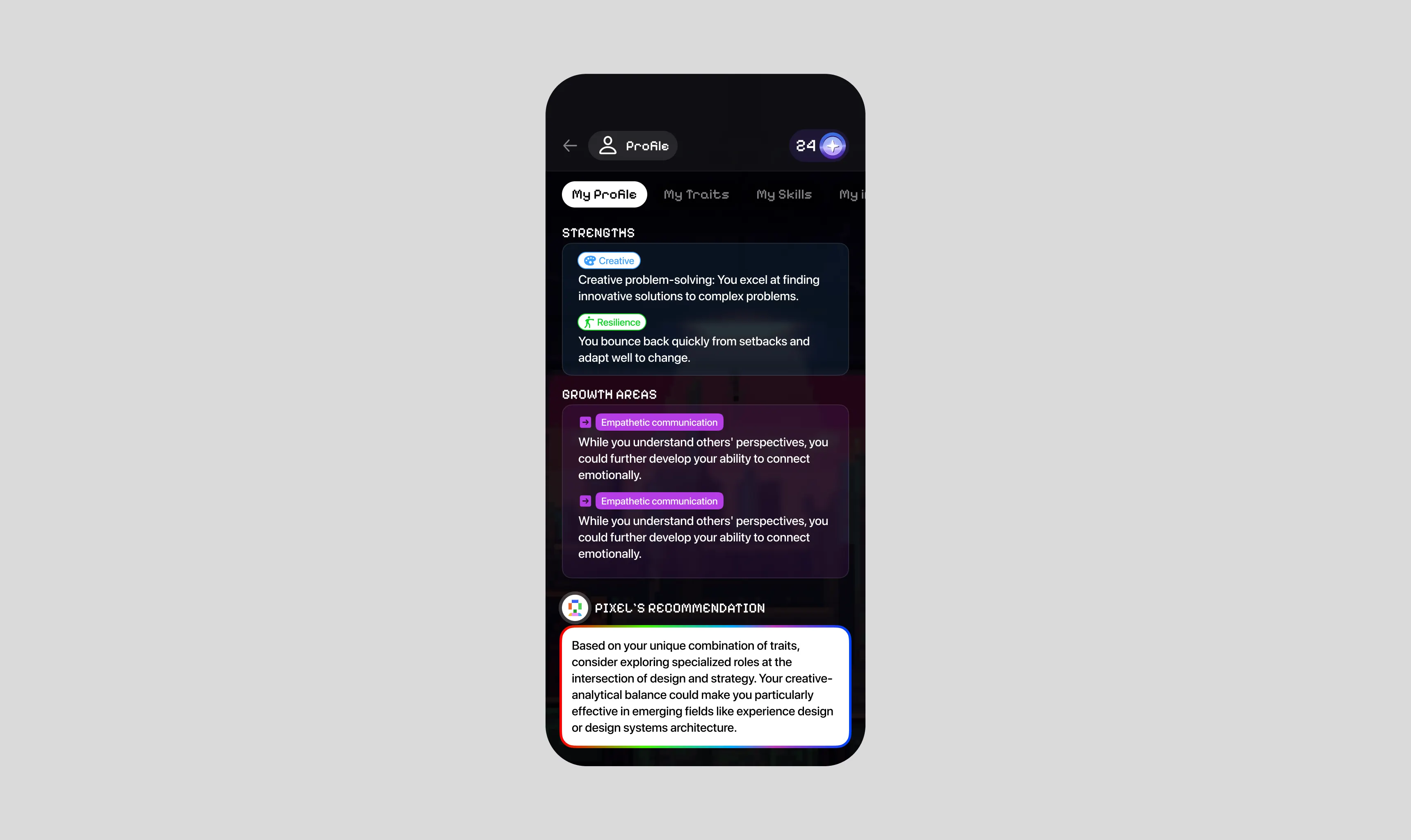 Action framework: a Passion Pixels AI My Profile screen with strengths, growth areas, and Pixel's recommendation