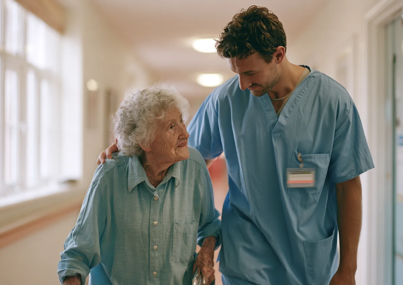 A care assistant in blue scrubs leans in to talk with an older woman in a corridor.