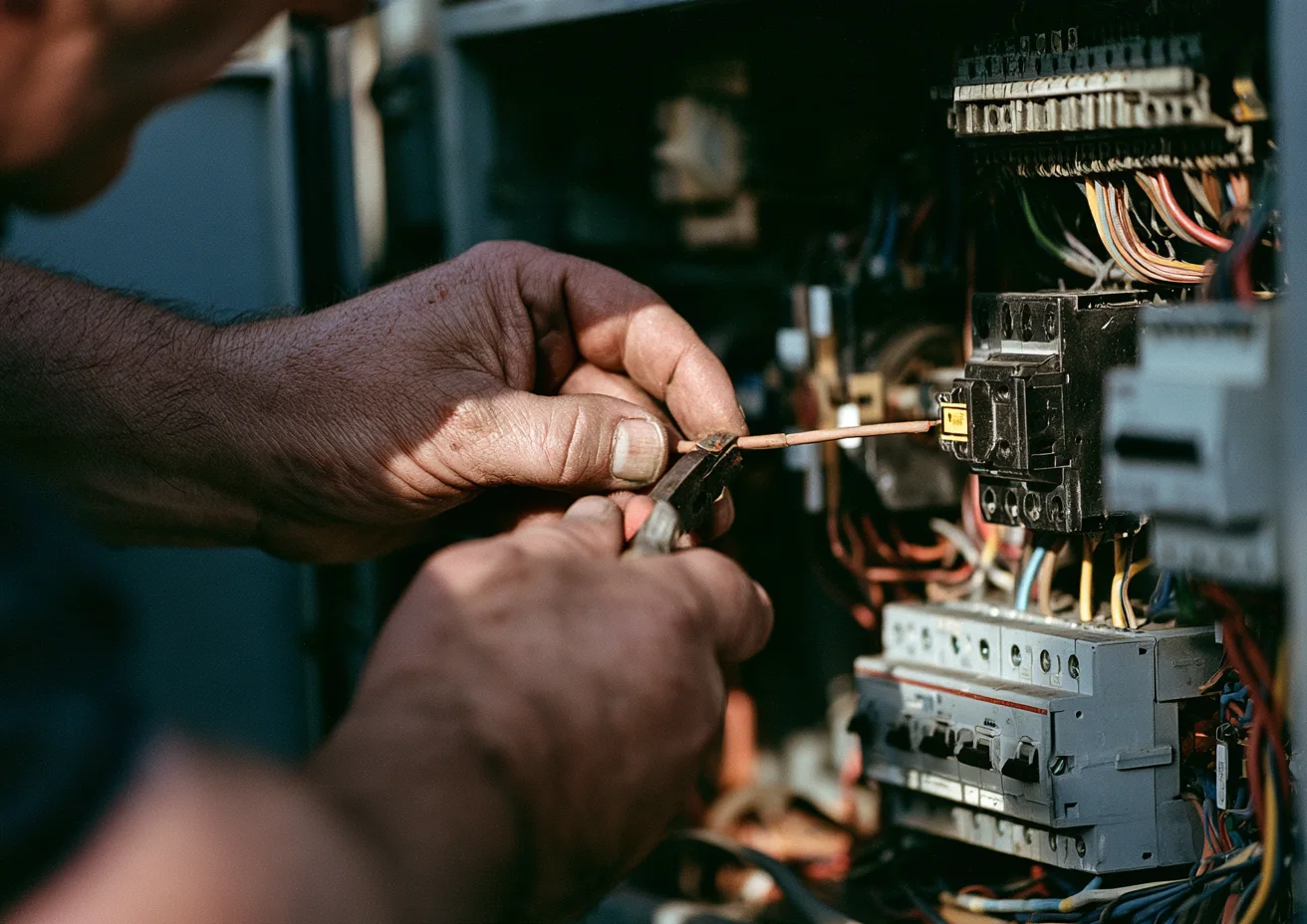 An electrician's hands strip a wire in front of a switch cabinet.