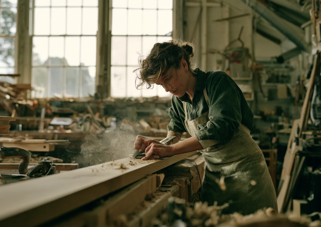 A joiner planes a long board in a workshop full of timber and dust.