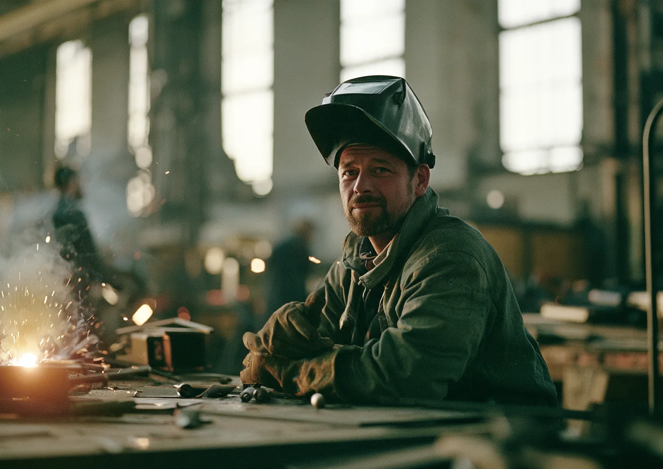 A welder with his mask pushed up sits at a bench in a bright workshop hall.