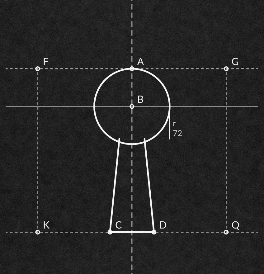 A construction drawing of the MyVault keyhole: a circle of radius 72 over a tapered stem, set out on points A to Q on dark paper
