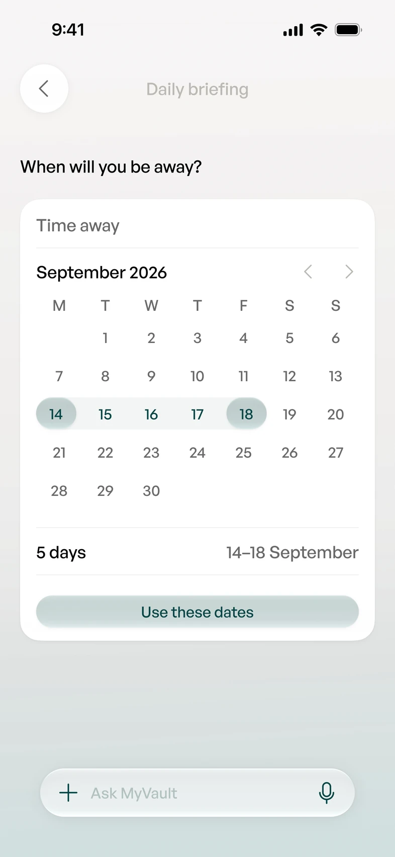 When will you be away? A September calendar with 14 to 18 September picked: five days