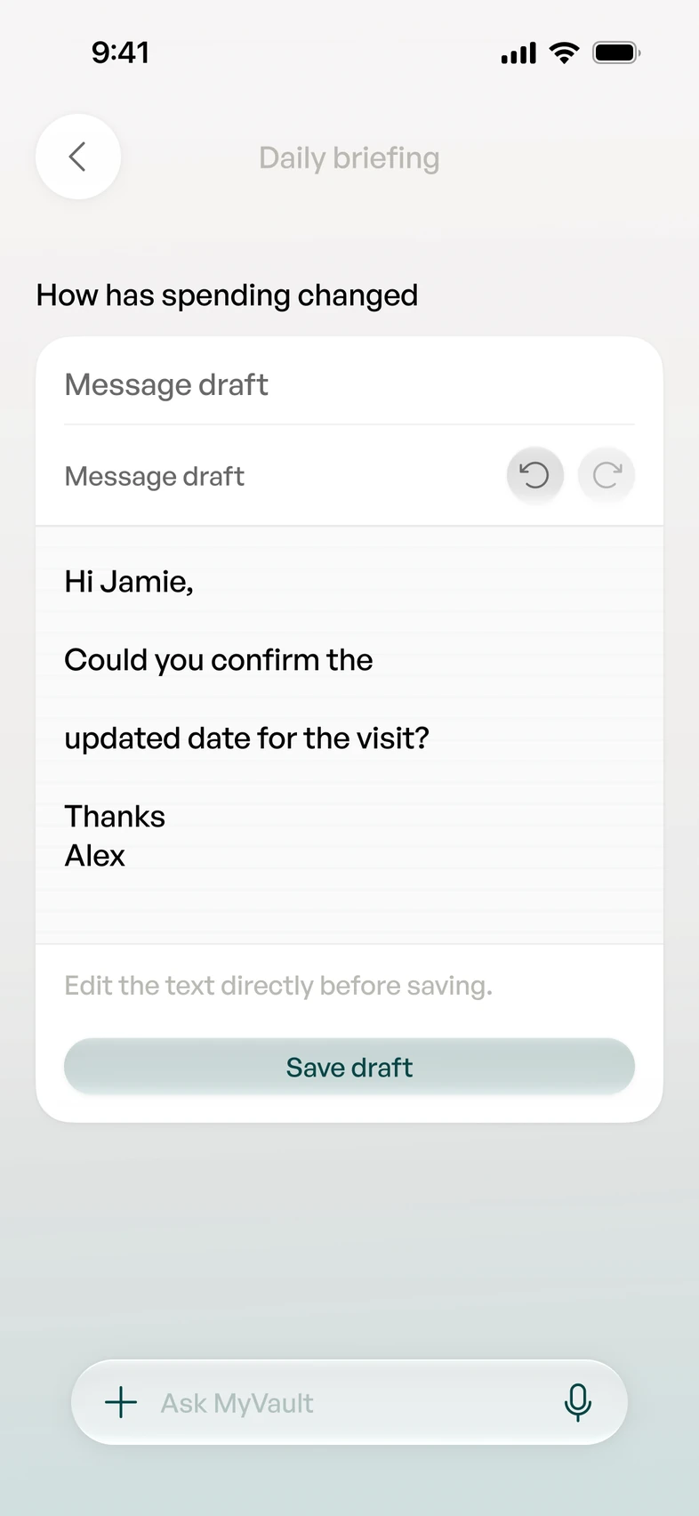 A message draft to Jamie, asking to confirm the updated date for the visit, ready to edit and save