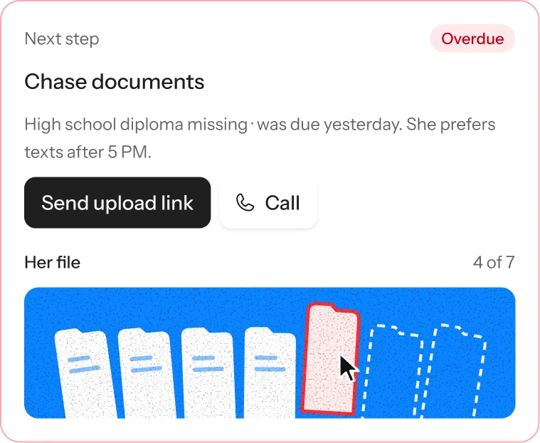 Next step: chase documents. Her file, 4 of 7: the high school diploma is missing, pulled up in red with the cursor on it.