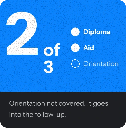 Covered 2 of 3: diploma and aid covered, orientation not covered. It goes into the follow-up.
