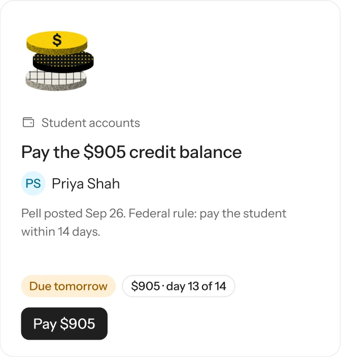 Student accounts: pay the $905 credit balance to Priya Shah, with the 3D coin stack icon.