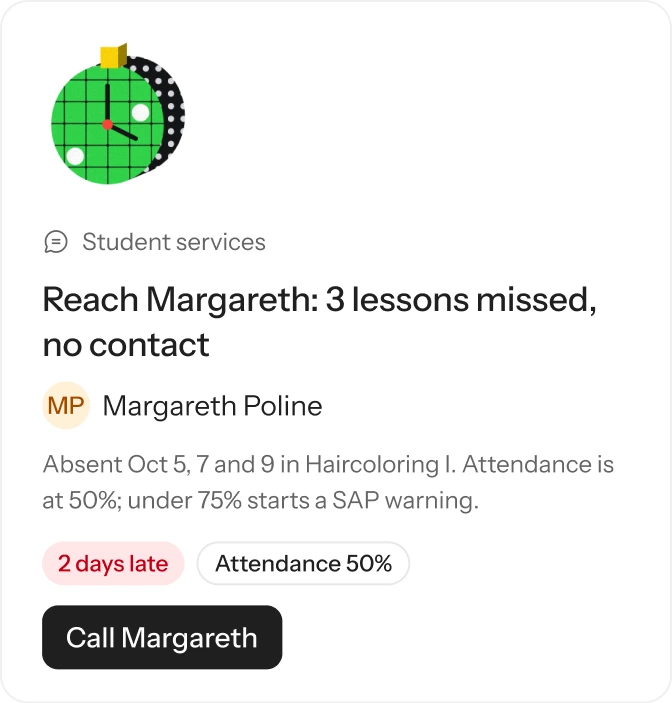 Student services: reach Margareth, 3 lessons missed and no contact, with the 3D stopwatch icon.