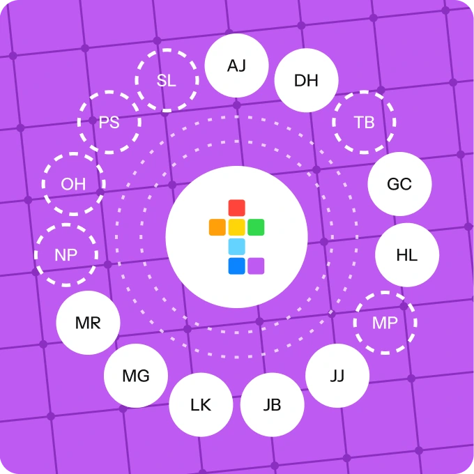 Roll call as a ring of fifteen counters around the t on a violet lattice. Dashed counters have not checked in yet.