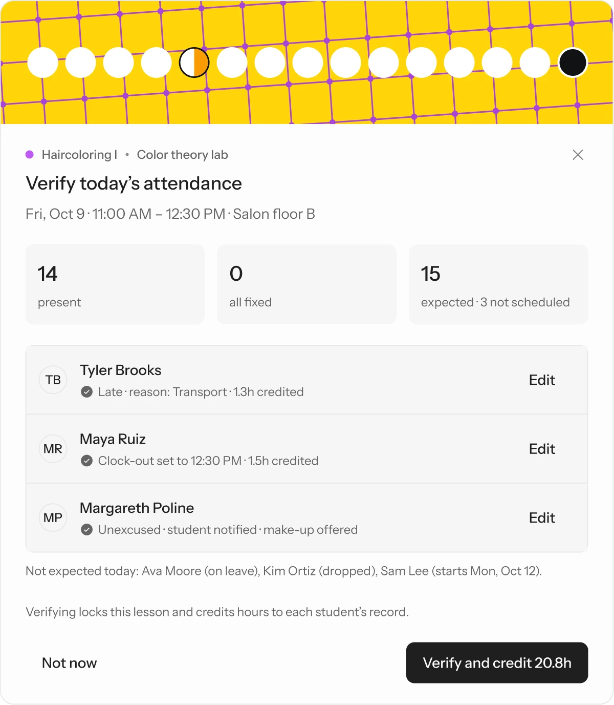 Verify today's attendance: the class as a row of counters on the yellow lattice. 14 present, 0 to fix, 15 expected.