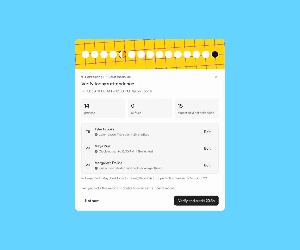 Teached — case: the verify card for today's attendance, on sky blue