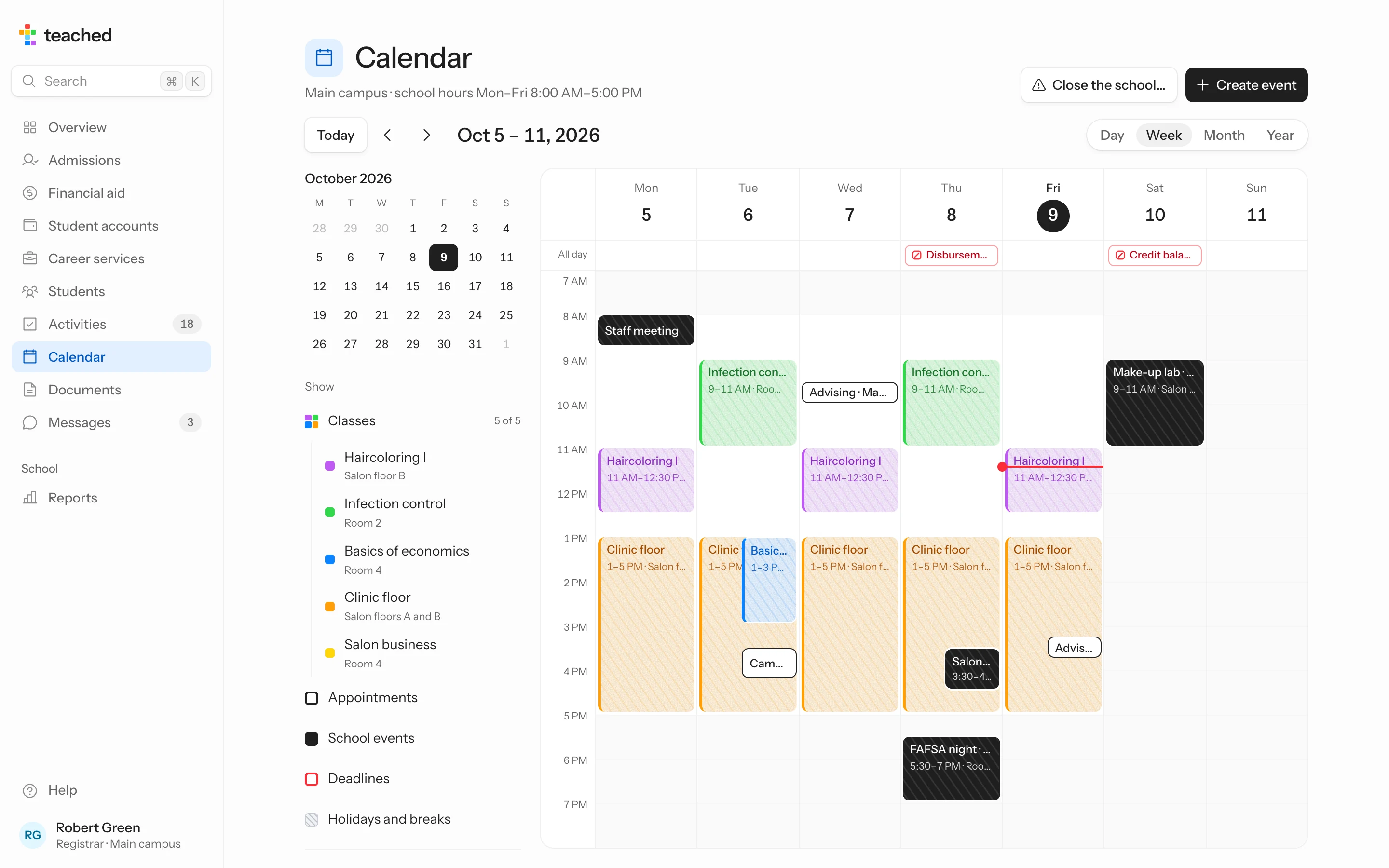 The Teached school calendar: the week of October 5, 2026, with classes, appointments and aid disbursements.