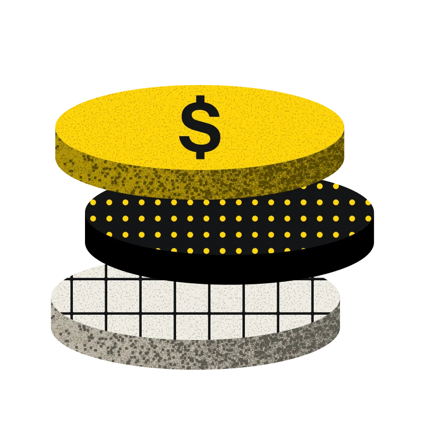 A stack of three coins, a dollar sign on top.