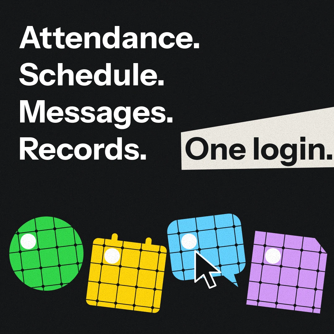 Attendance. Schedule. Messages. Records. One login. Four lattice shapes and the cursor on black.