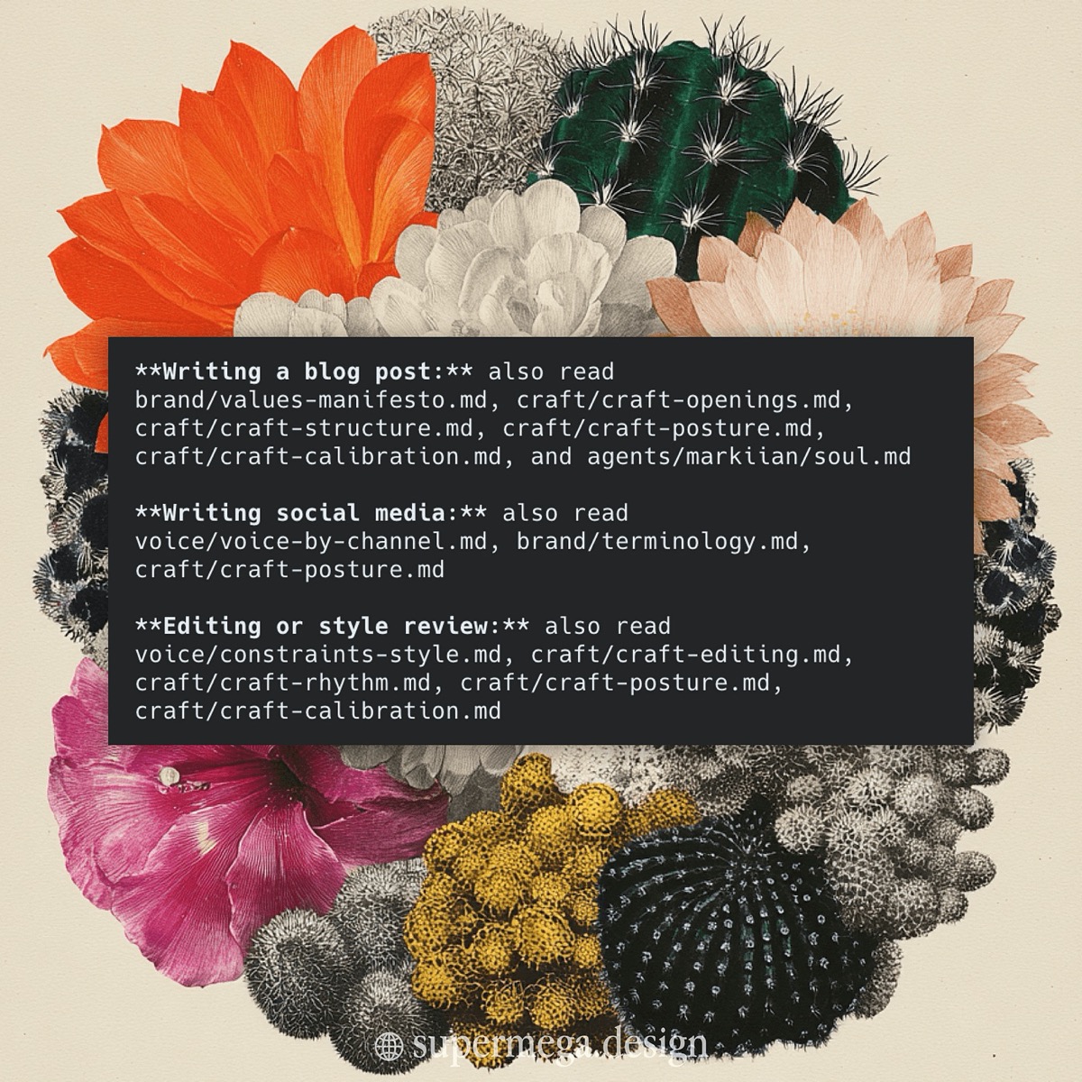 The /write-blog-post skill loading the brand files it needs