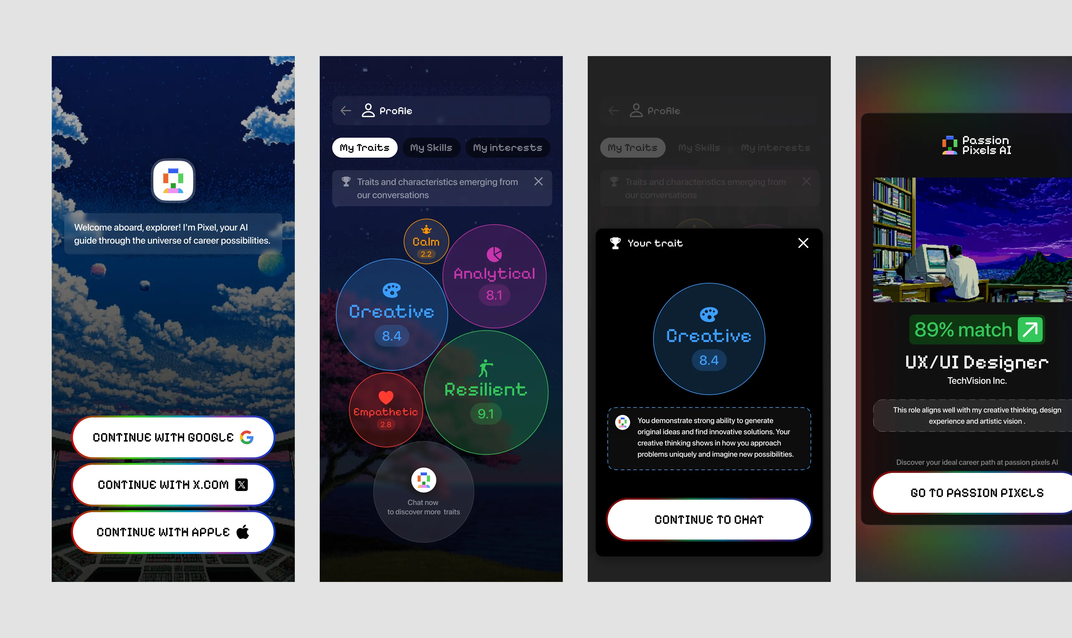 Concept 4, Immersive and Imaginary: four Passion Pixels AI screens over a pixel-art sky — Pixel's welcome, the traits profile as floating bubbles, a trait detail, and a UX/UI Designer career match