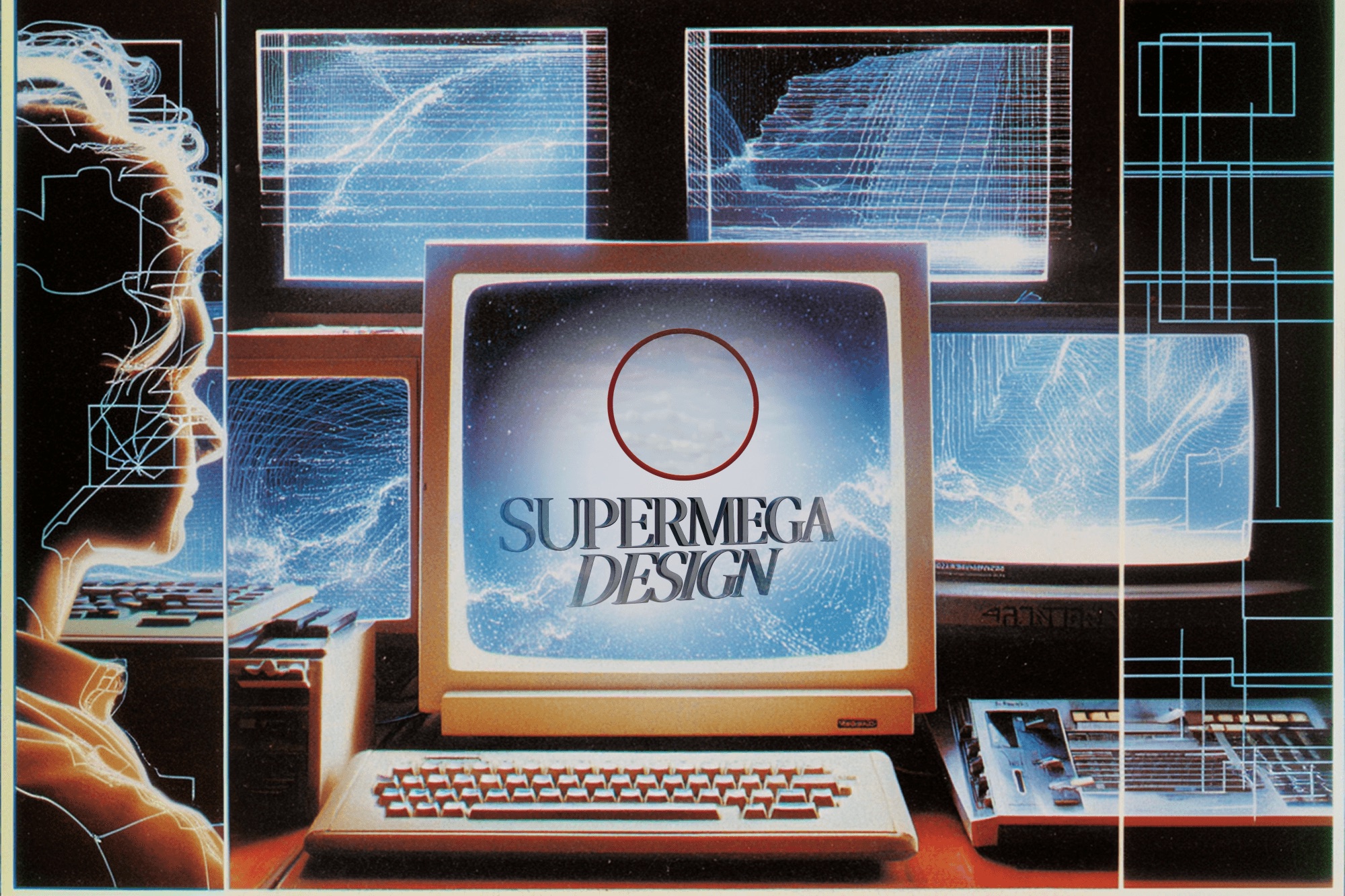Image generated with Midjourney by Supermega Design — a CRT monitor reading SUPERMEGA DESIGN among wireframe screens