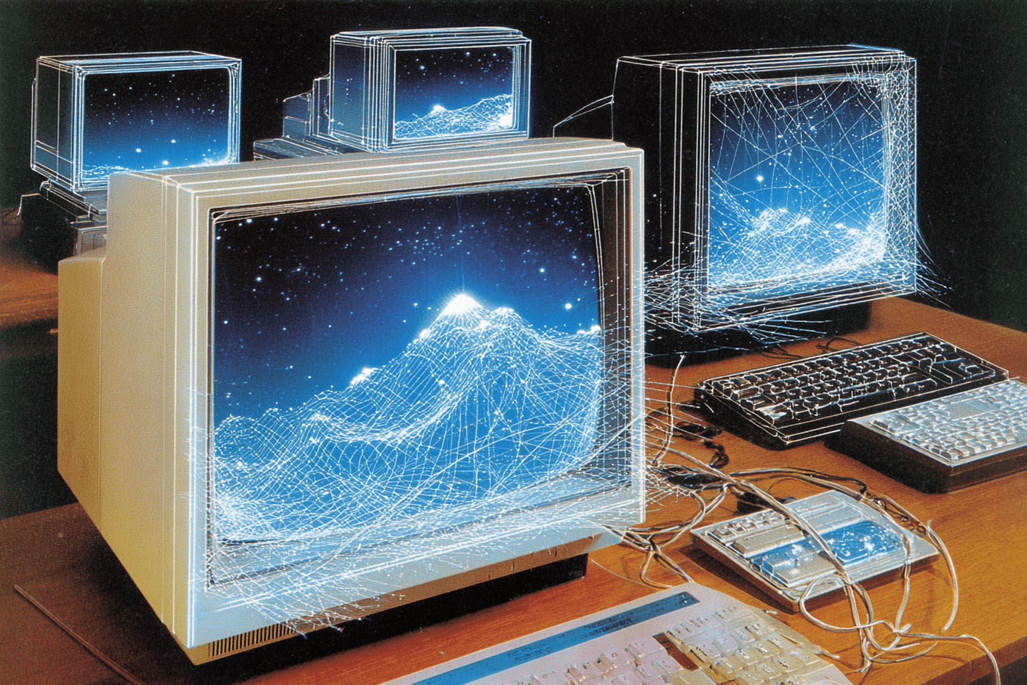 Wireframe monitors on a desk, each screen a grid landscape under a starfield